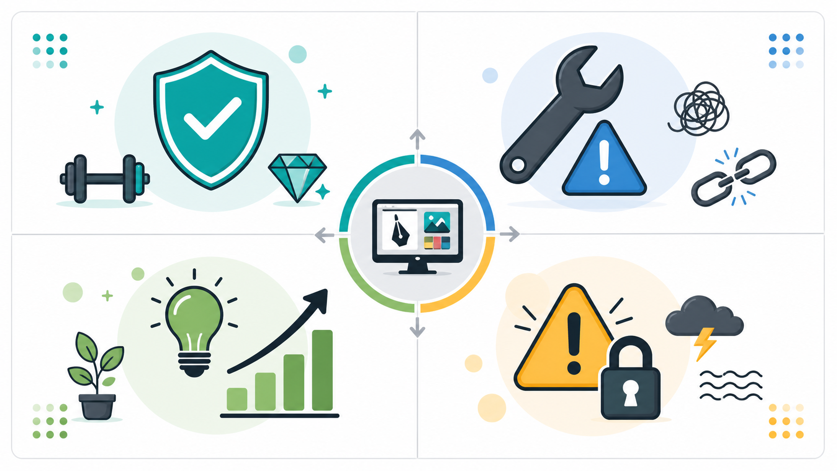 Ilustração SWOT para avaliar migração de ferramentas de design