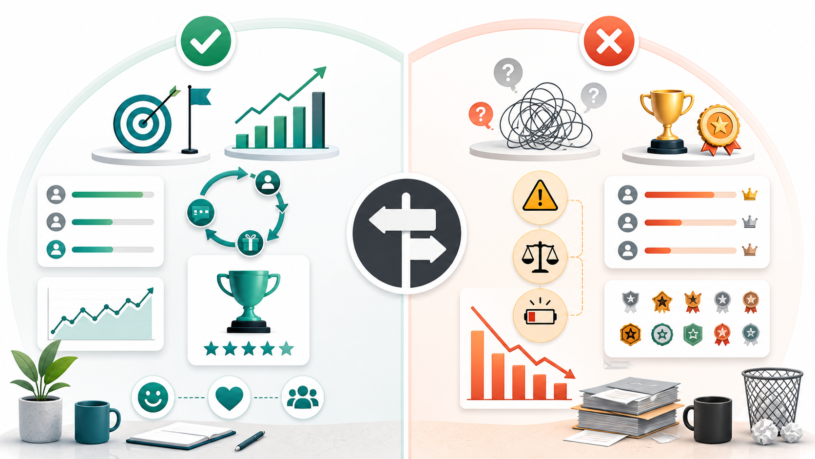 Quadro visual comparando sinais positivos e riscos de gamificação em empresas