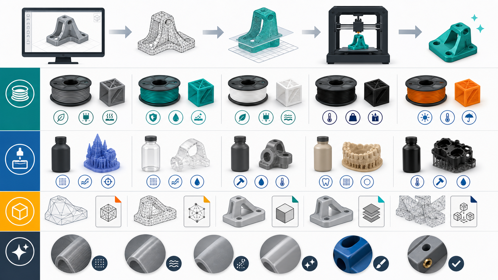Comparação visual de processos, materiais e arquivos para impressão 3D