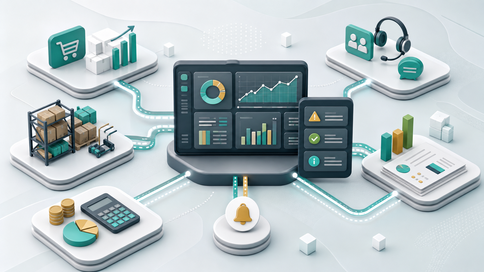Fluxo de automação conectando vendas, estoque, financeiro, atendimento e relatórios