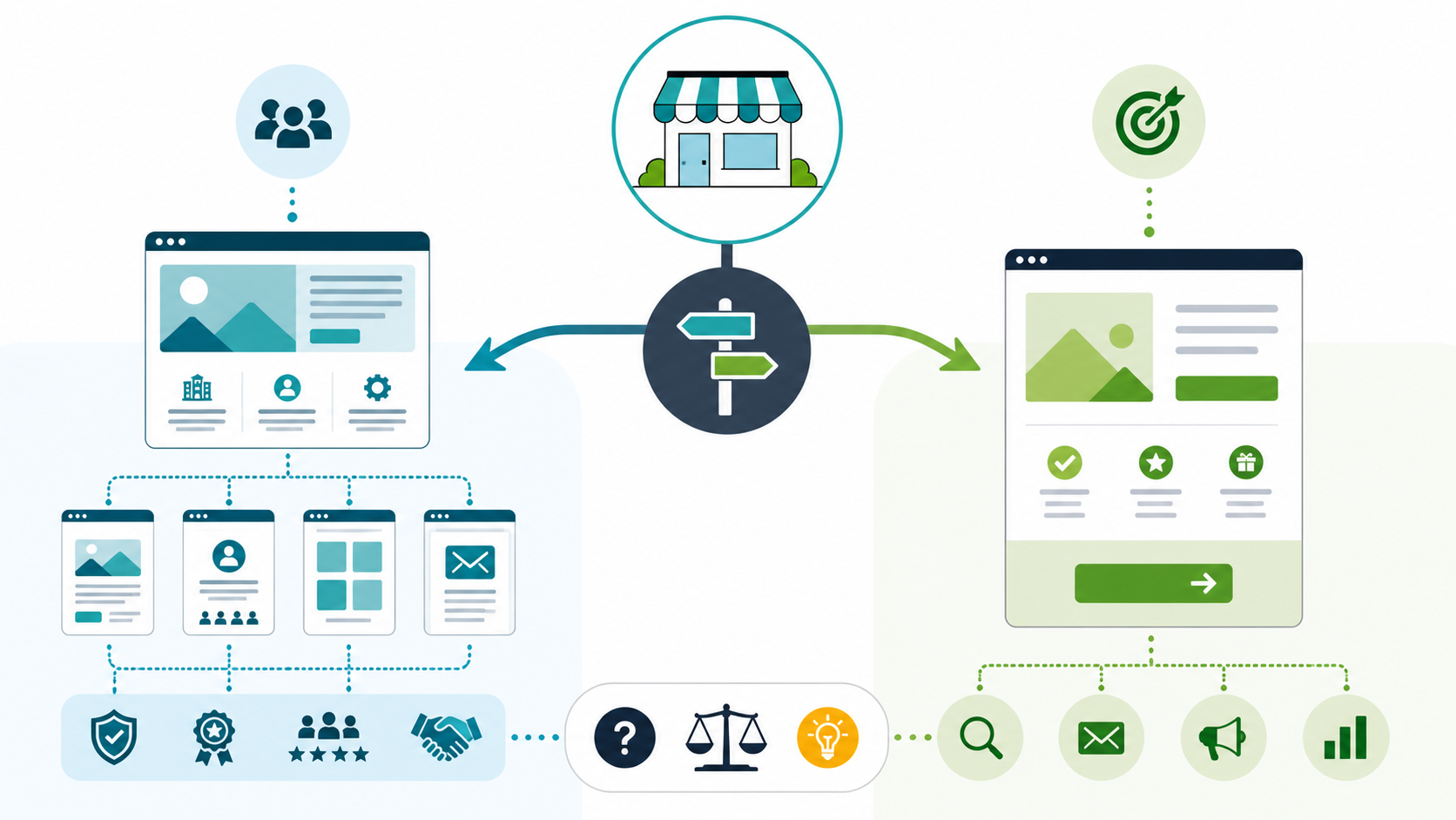Fluxo de decisão entre site institucional e landing page para pequenas empresas